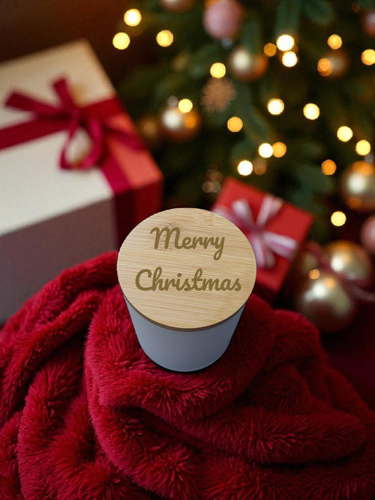 Candle: 8oz Festive Scented Jar with Bamboo Lid Personalized Christmas candle